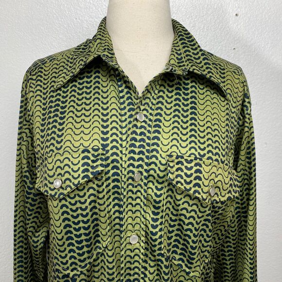 Vintage 70s Woman Mad House Shirt Blouse Medium Green Knit USA Mod Hipster - Picture 2 of 13